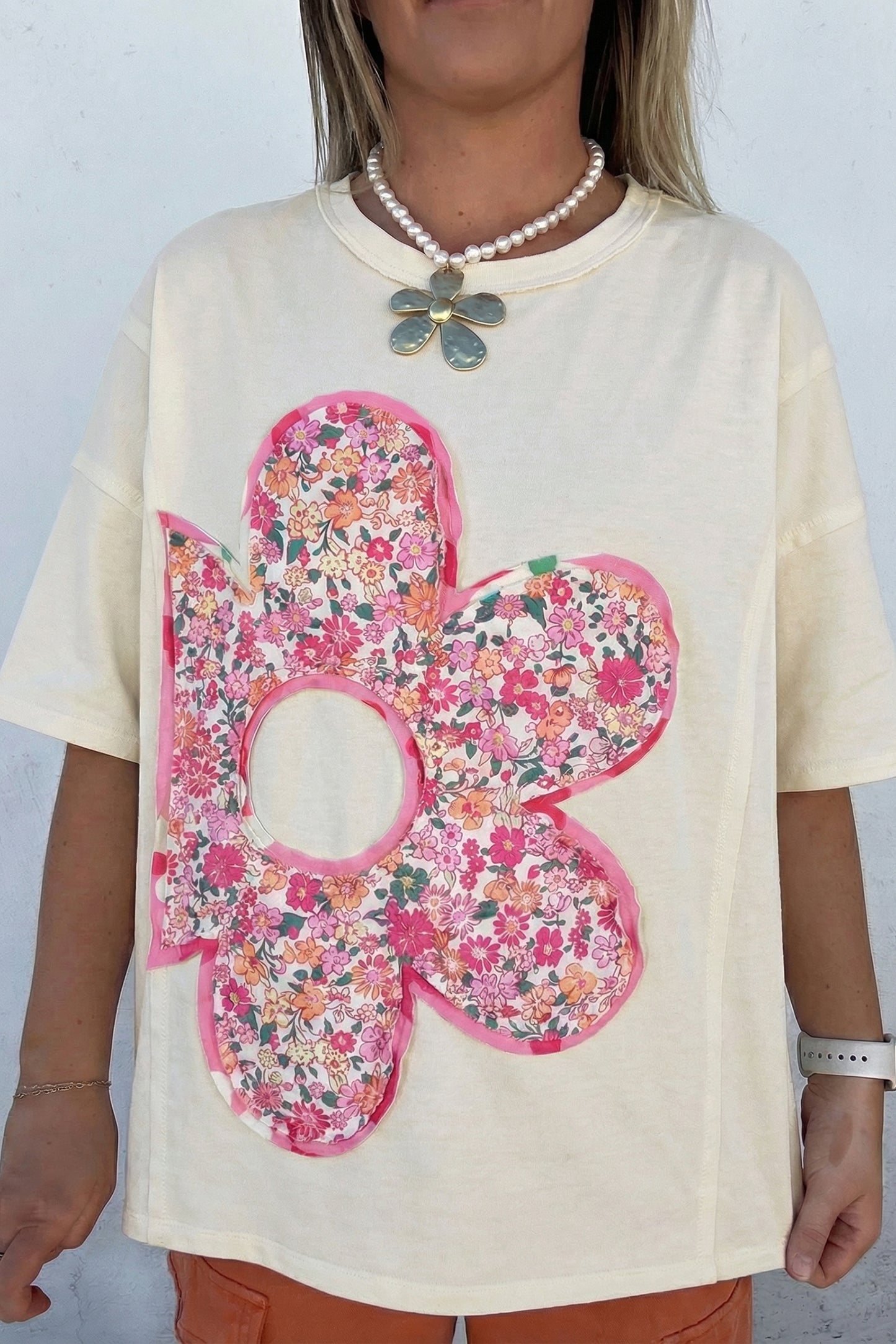 Jet Stream Floral Patched Raw Seam Big Flower Oversize Tee