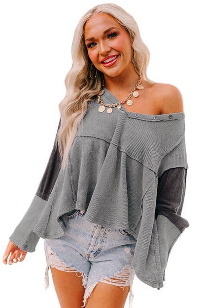White Waffle Knit Button Detail Exposed Seam Flowy Top