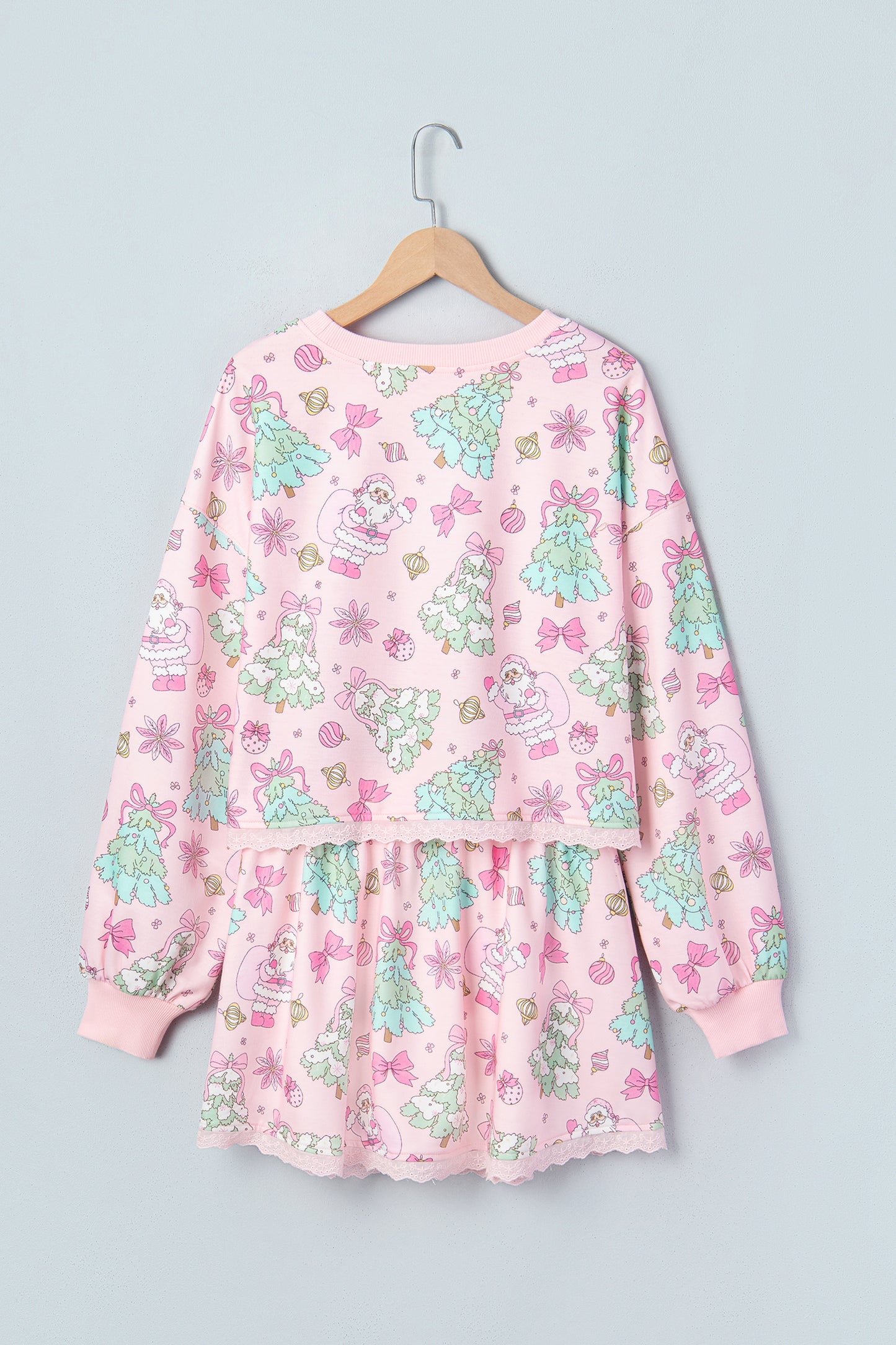 Pink Floral Print Lace Trim Long Sleeve Skirt Set