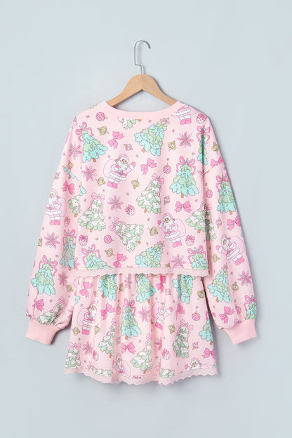 Pink Floral Print Lace Trim Long Sleeve Skirt Set