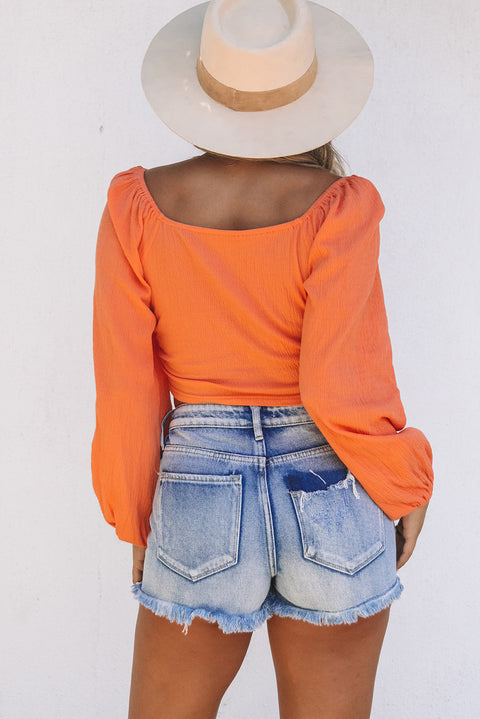 Knotted Puff Sleeve Textured Crop Top