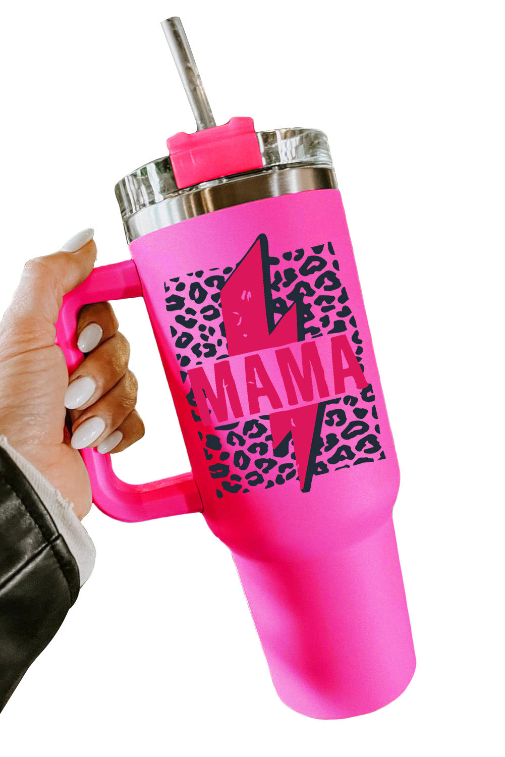 Tasse isotherme en acier inoxydable à imprimé léopard Mama avec poignée 40 oz