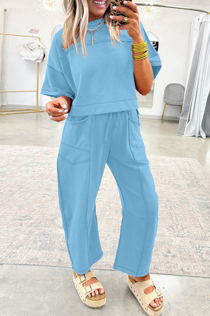 Sky Blue Drop Shoulder Boxy Tee and Barrel Pants Set