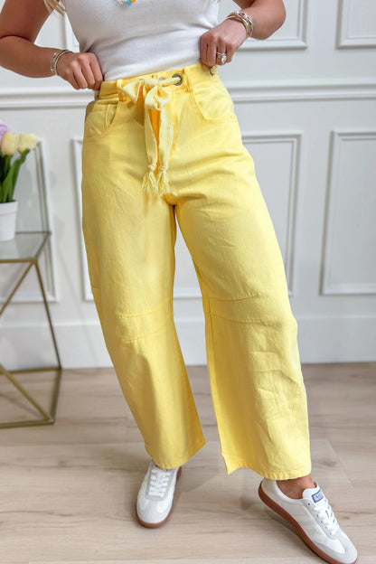 Yellow Solid Color Grommet Detail Knot Waist Barrel Jeans