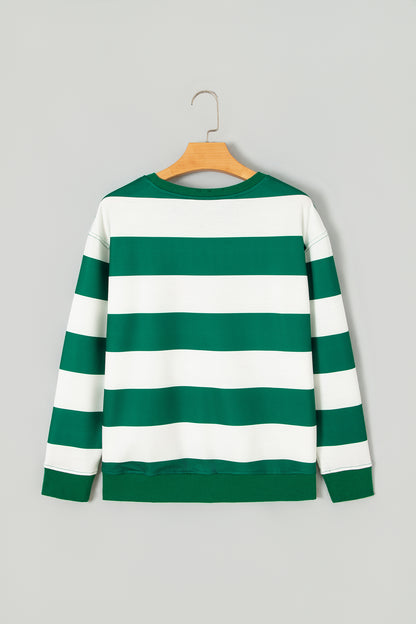 Green Stripe holly jolly Letter Embroidered Pullover Sweatshirt