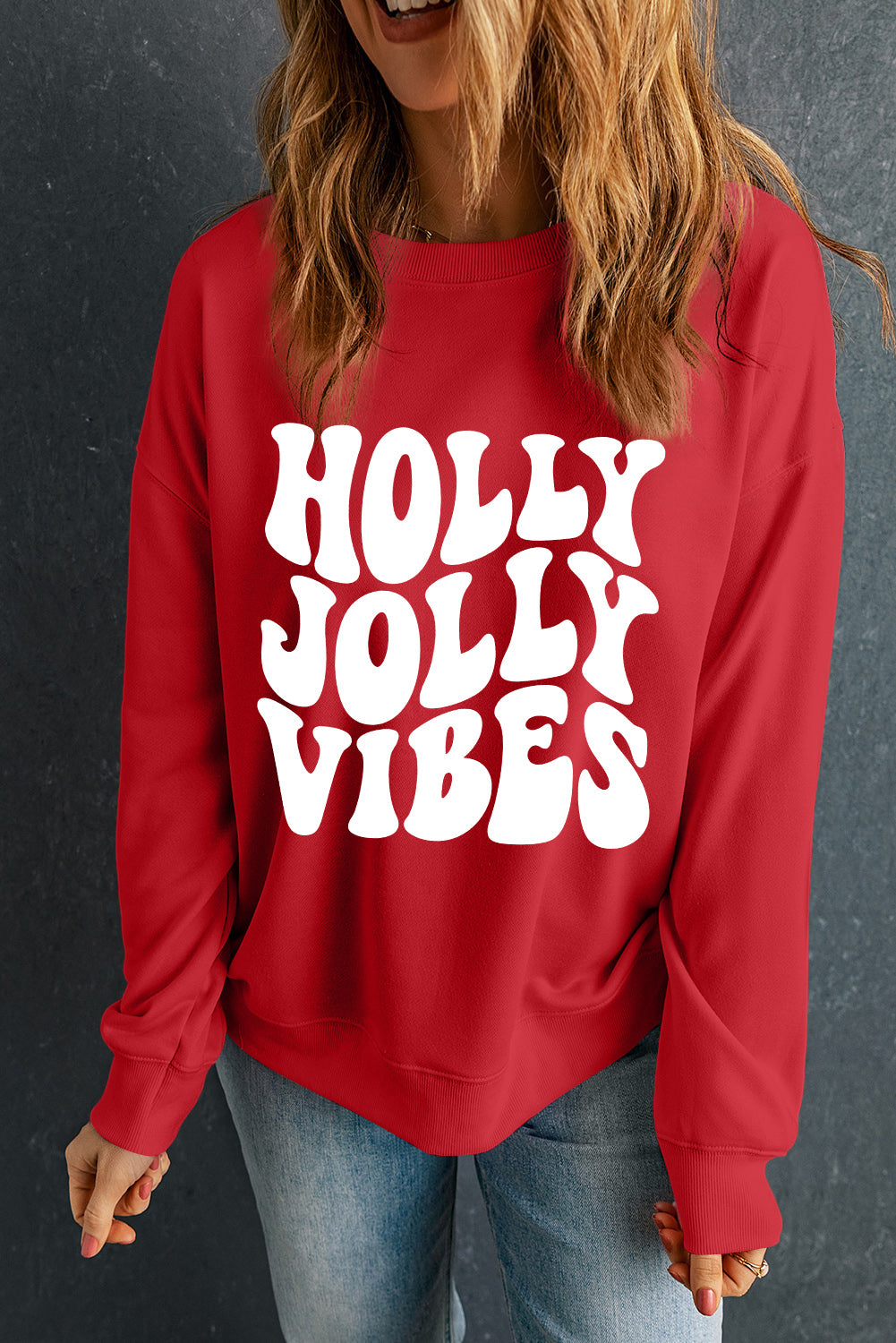 Sweat-shirt de Noël à col rond rouge avec imprimé graphique HOLLY JOLLY VIBES
