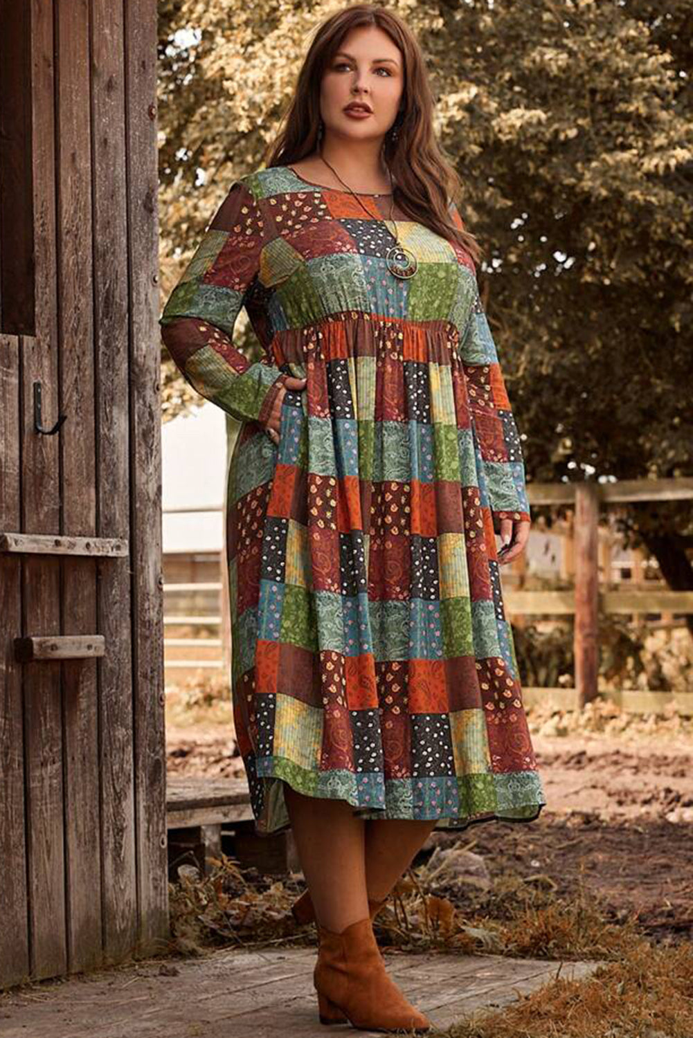 Robe trapèze grande taille à carreaux multicolores imprimés verts 