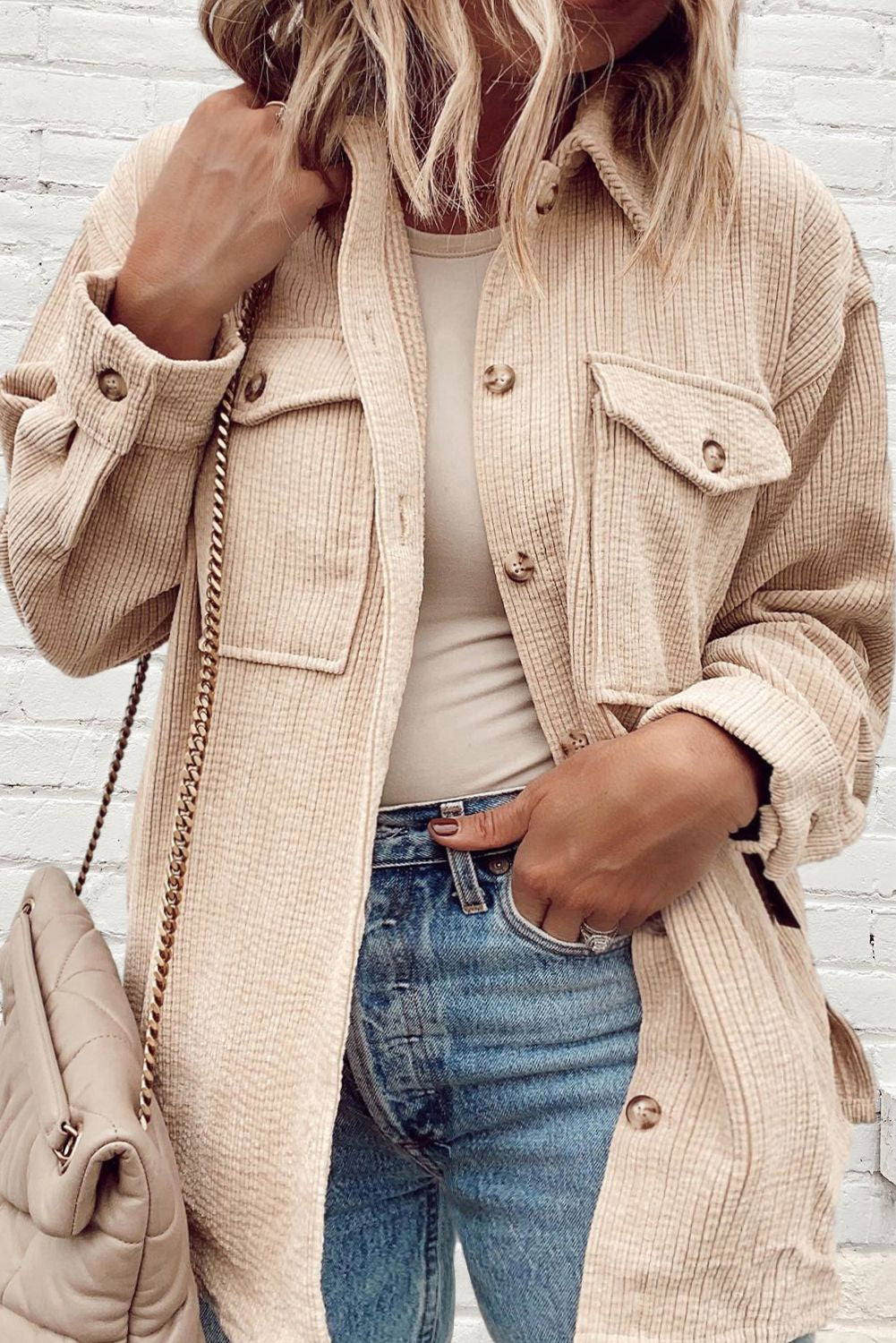 Veste-chemise boutonnée grande taille à poches à rabat texturées couleur avoine