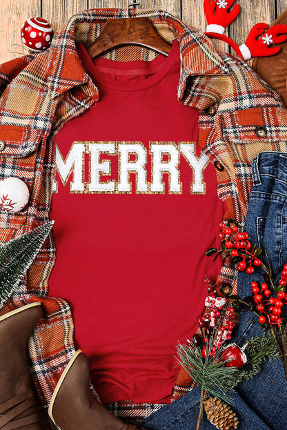 T-shirt rouge à manches retroussées avec motif graphique MERRY de Noël