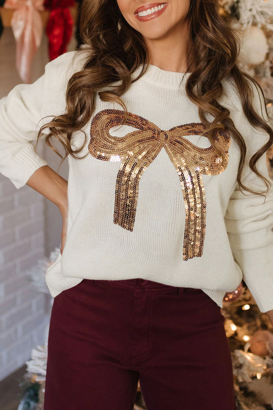 White Sequined Bow Graphic Christmas Holiday Sweater