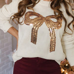 White Sequined Bow Graphic Christmas Holiday Sweater