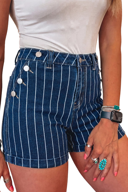 Blue Stripe Metal Button Detail Womens Denim Shorts