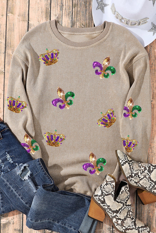 Khaki Carnival Sequin Crown Fleur De Lis Corded Sweatshirt