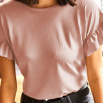 Dusty Pink Solid Color Ribbed Ruffled Short Sleeve T Shirt