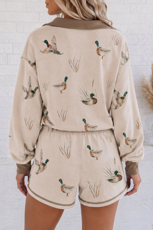 Khaki Mallard Print Color Block Patchwork Zip Pullover and Shorts Set