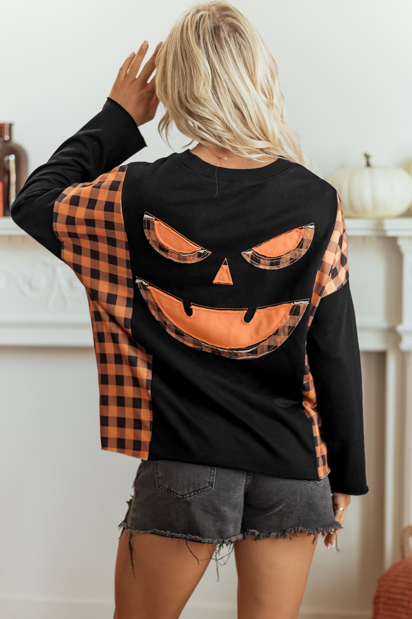 Black Patchwork Plaid Pumpkin Face Long Sleeve Top