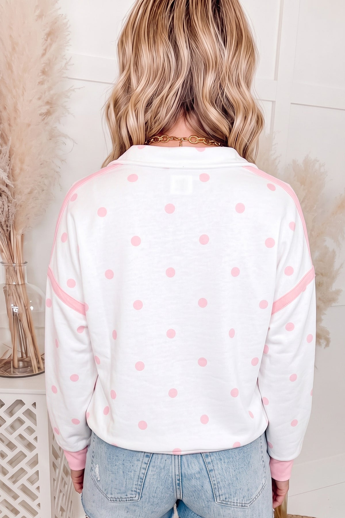 Pink Polka Dot Half Zip Drop Shoulder Relaxed Sweatshirt