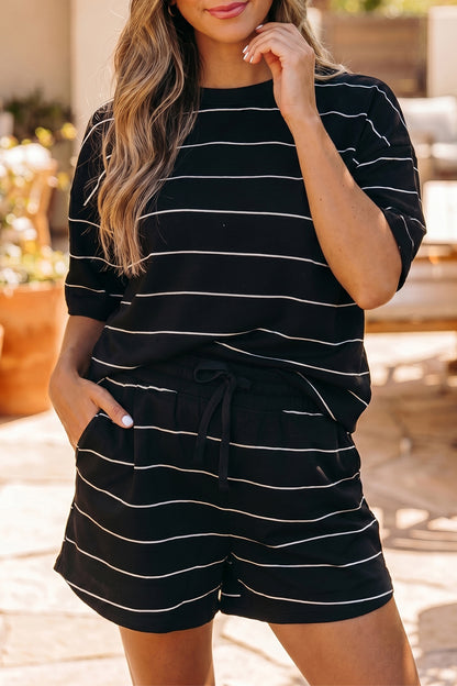 Black Stripe Half Sleeve Tee Drawstring Shorts 2pcs Set