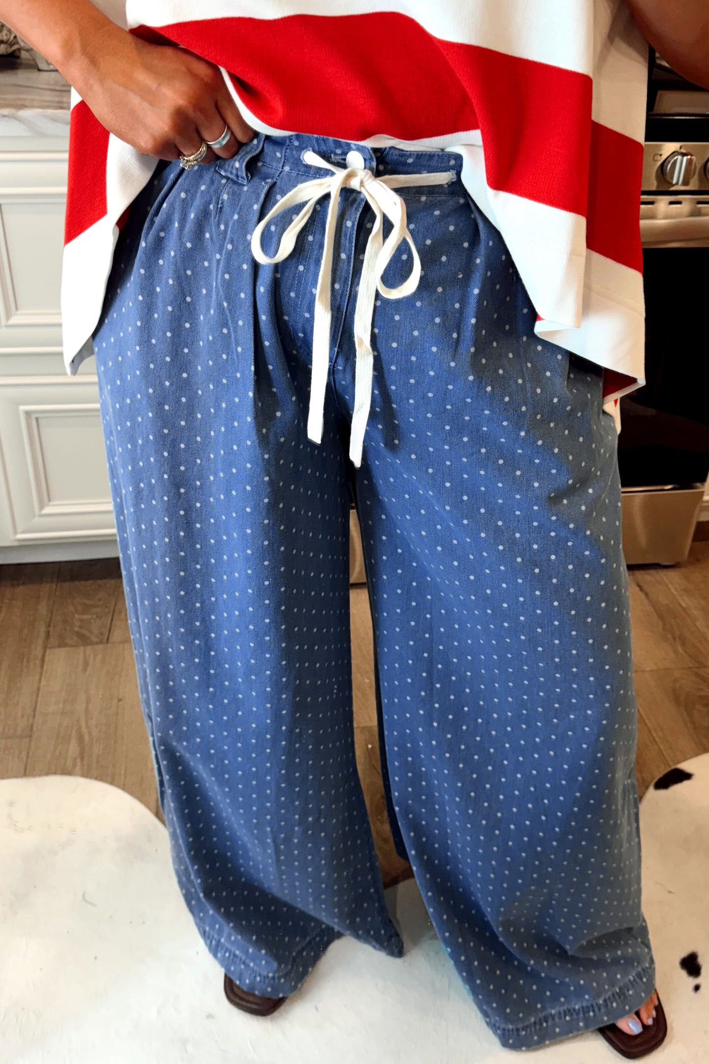 Sky Blue Polka Dot Wide Leg Full Length Shift Silhouette Plus Size Jeans