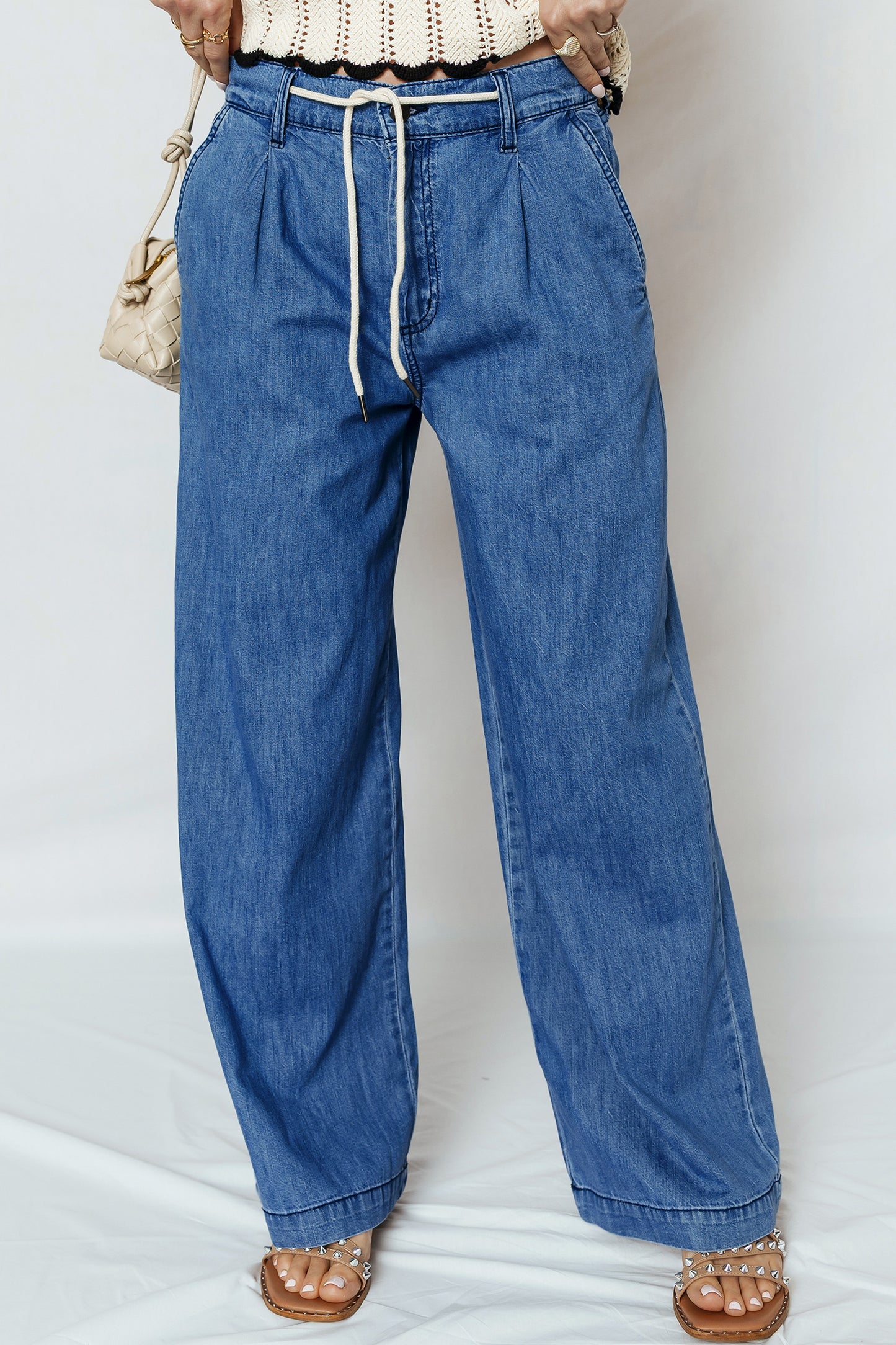 Dusk Blue Lace-up Pull on Wide Leg Jeans