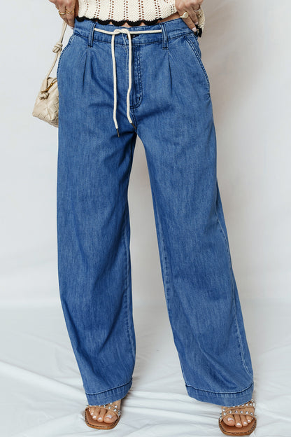 Dusk Blue Lace-up Pull on Wide Leg Jeans