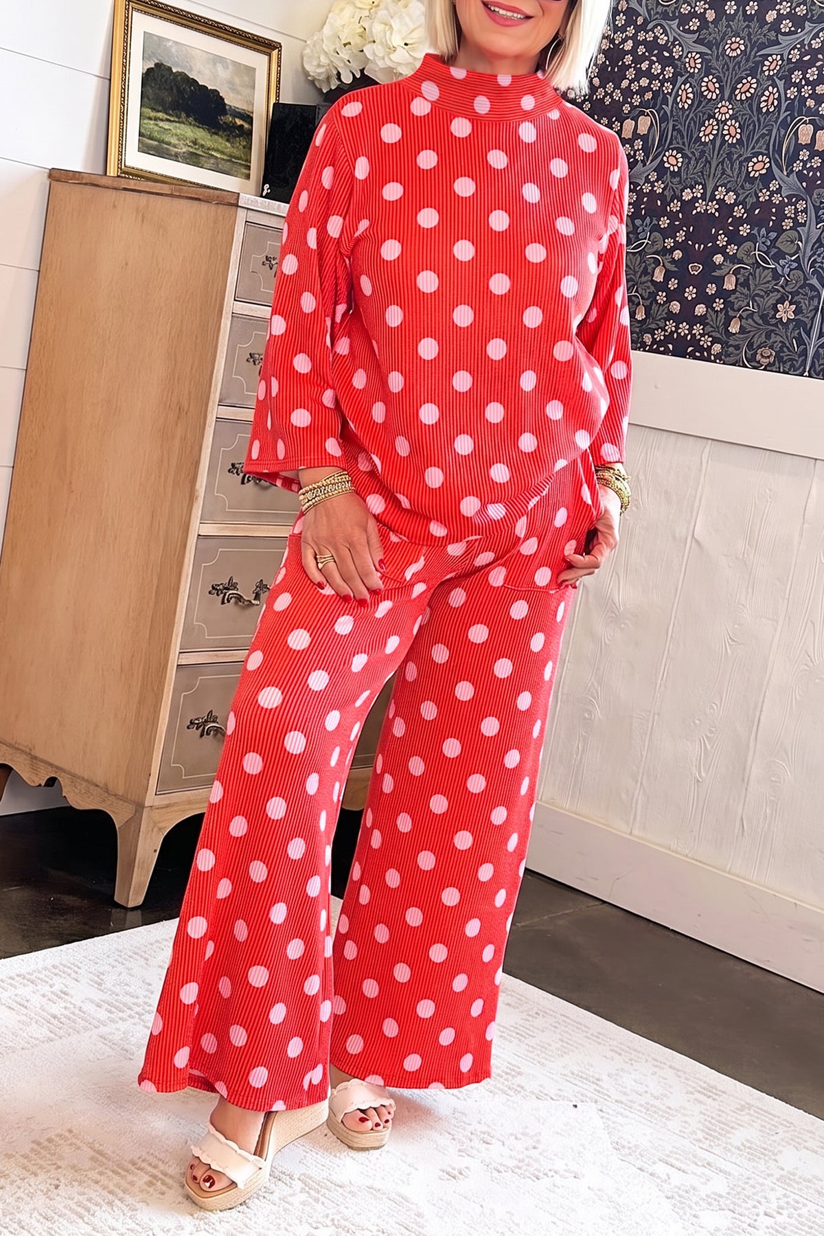Red Polka Dot Ribbed Knit Mock Neck Pullover Two Piece Pants Set