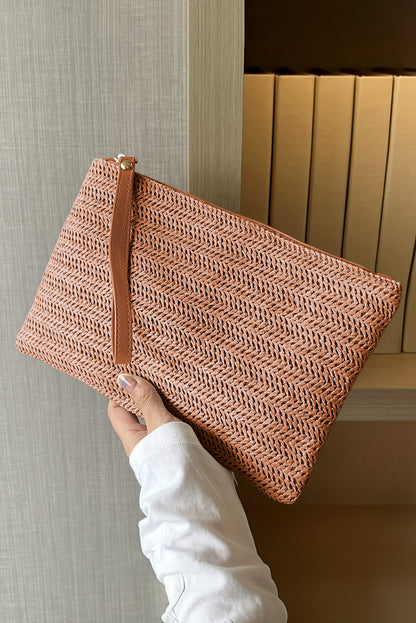 Chestnut Straw Woven Wrist Strap Zipper Large Wallet