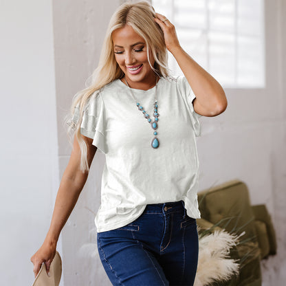 White Layered Ruffle Short Sleeve Round Neck Top
