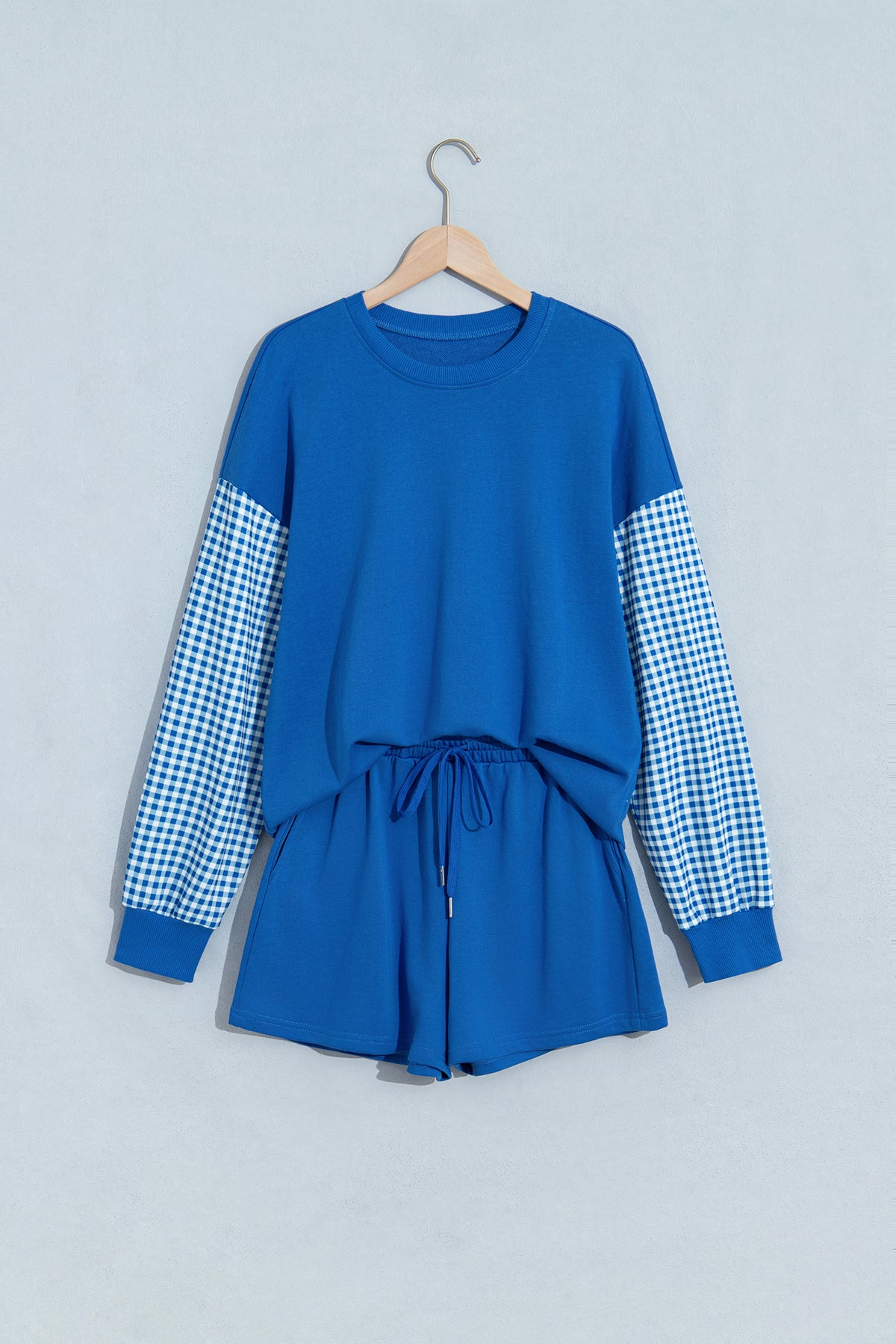 Blue Plaid Patchwork Long Sleeve Top Solid Drawstring Shorts Set