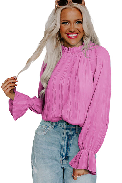 Blusa de manga larga con puños acampanados plisados ​​llamativos verde 