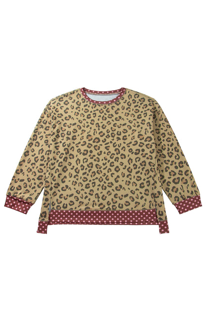 Brown Plus Size Leopard Print Contrast Polka Dot Trim Long Sleeve Top