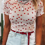 Red Allover Heart Print Mesh Short Sleeve Top