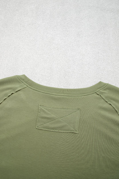 Guacamole Green Round Neck Paneling Long Sleeve Top