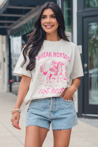 T-shirt blanc à col rond avec motif cowboy Western BREAK HORSES