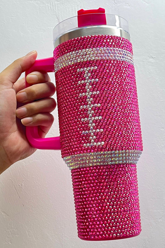 Rose Red Contrast Rhinestone Rugby 304 Stainless Steel Tumbler