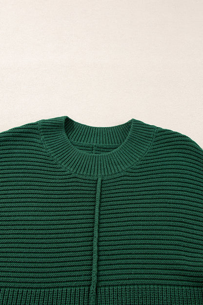Pull ras du cou à manches lanternes en tricot texturé vert noirâtre