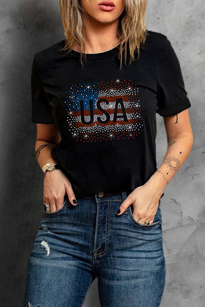 T-shirt graphique noir avec strass et drapeau américain