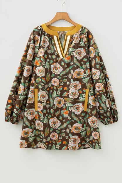 Brown Floral Print Contrast Trim V Neck Pocketed Long Sleeve Mini Dress