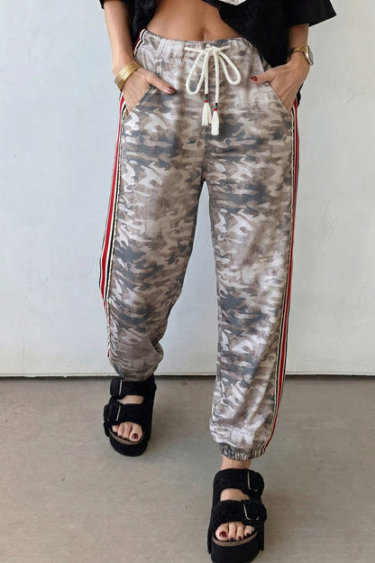 Green Camouflage Print Striped Side Panel Patchwork Drawstring Pants
