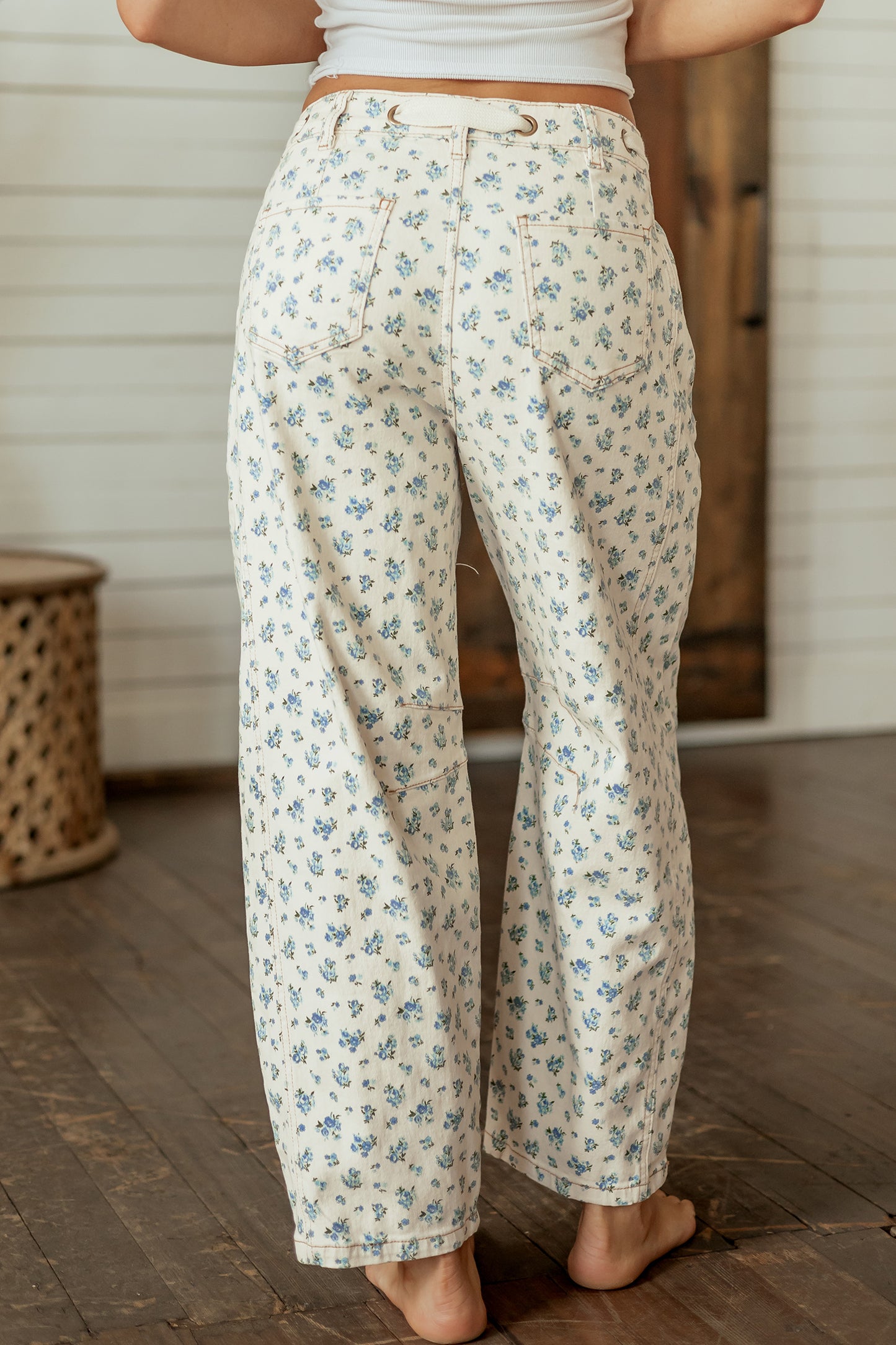 Beige Grommet Knot Waist Floral Barrel Leg Jeans