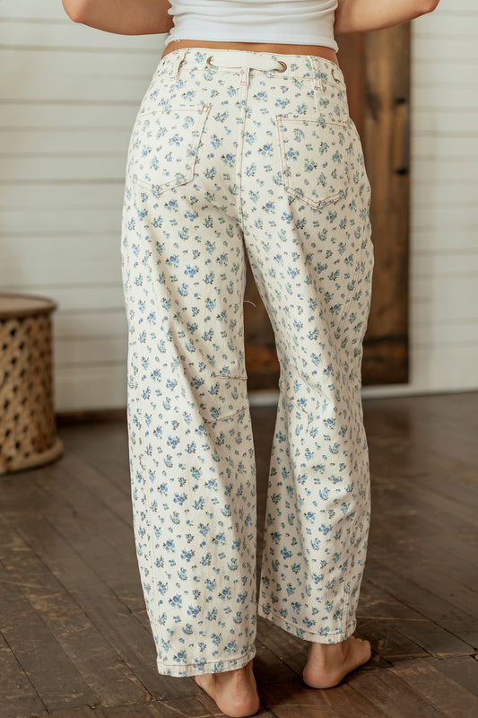 Beige Grommet Knot Waist Floral Barrel Leg Jeans