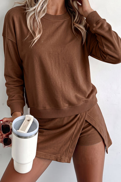 Coffee Solid Color Long Sleeve Top Split Skort 2pcs Outfit