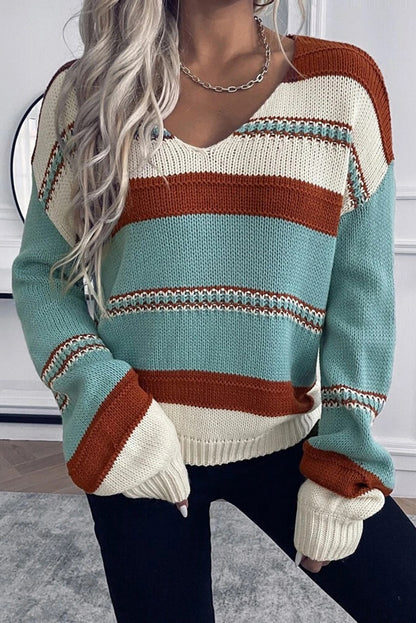 Peach Blossom Striped Pattern Knit V Neck Sweater