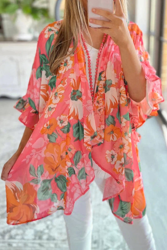 Kimono holgado con manga 3/4 y volantes con estampado floral 