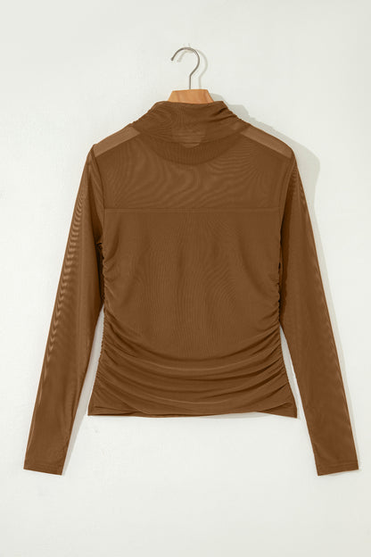 Coffee Sheer Mesh Patchwork High Neck Long Sleeve Top