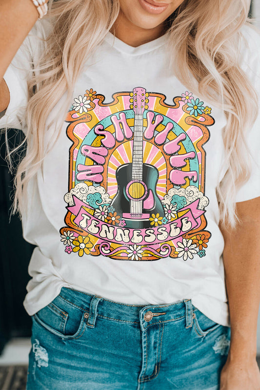 T-shirt blanc avec motif guitare country NASHIVILLE