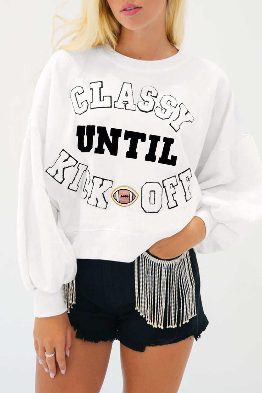 White CLASSY UNTIL KICKOFF Plush Letter Patched Loose Sweatshirt