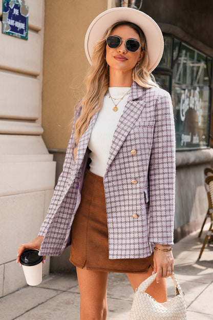 Burgundy Elegant Tweed Plaid Blazer