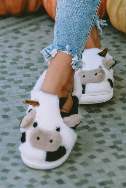 Chaussons blancs en peluche motif vache et animaux de dessin animé 