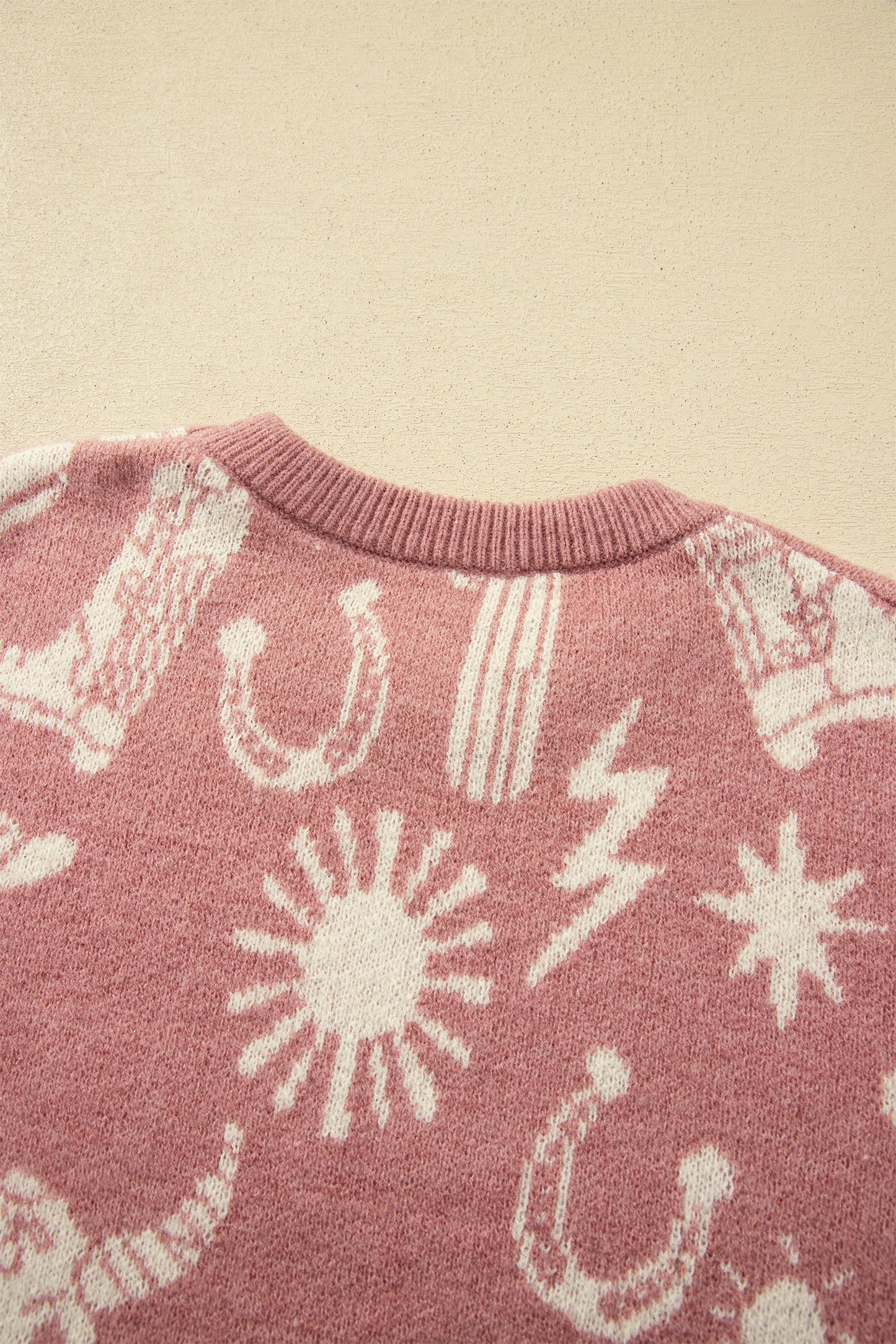 Peach Blossom Western Print Drop Shoulder Round Neck Long Sleeve Sweater